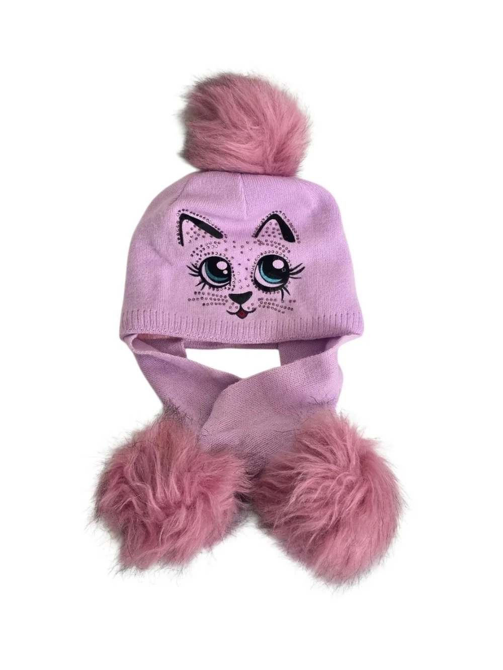 Toddler Girls Purple Cat Winter Hat Faux Fur Pom Pom Ear Flaps Rhinestones